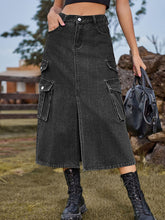 Load image into Gallery viewer, Women’s Denim Cargo Midi Skirt with Elastic Waist in 2 Colors Waist 24-38