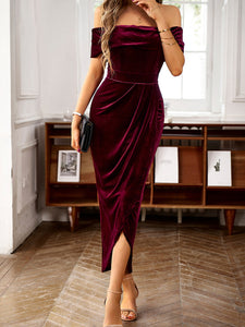 Women's elegant velvet one-shoulder party dress - Wazzi's Wear