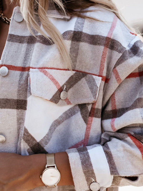 Women's Long Sleeve Plaid Button Up Shirt Coat in 4 Colors Sizes 4-12 - Wazzi's Wear