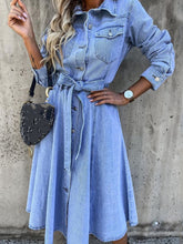 Load image into Gallery viewer, Women’s Denim Long Sleeve Midi Dress with Pockets and Waist Tie S-XXL