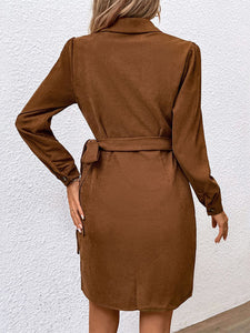 Women’s Brown Corduroy Long Sleeve Dress with Waist Tie and Buttons S-XL
