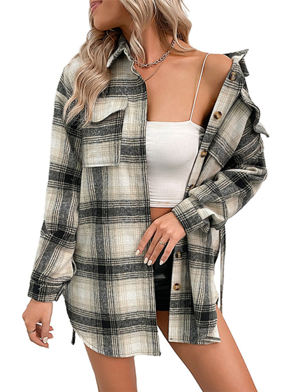 Women’s Plaid Shirt Jacket with Buttons and Waist Tie S-XL - Wazzi's Wear
