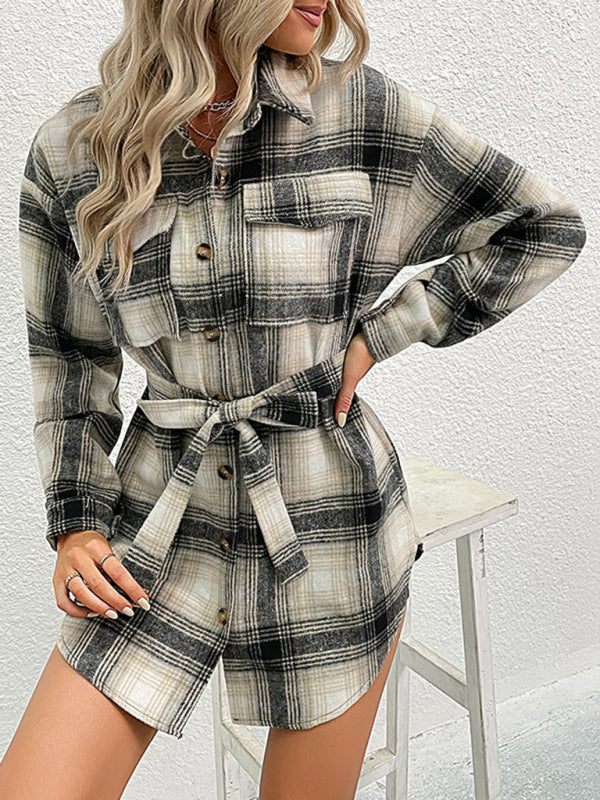 Women’s Plaid Shirt Jacket with Buttons and Waist Tie S-XL - Wazzi's Wear