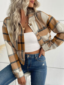 Women’s Cropped Long Sleeve Plaid Jacket in 6 Colors XS-XL