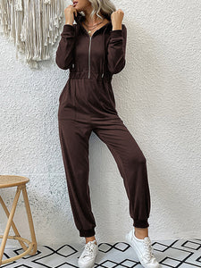 Women’s Solid Long Sleeve Hooded Jumpsuit with Zipper in 8 Colors S-XL