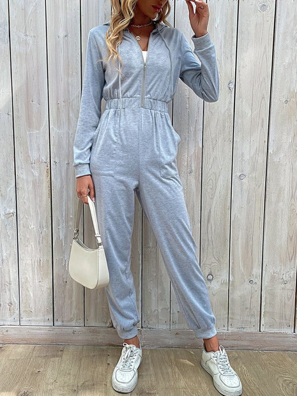 Solid Long Sleeve Hooded Jumpsuit