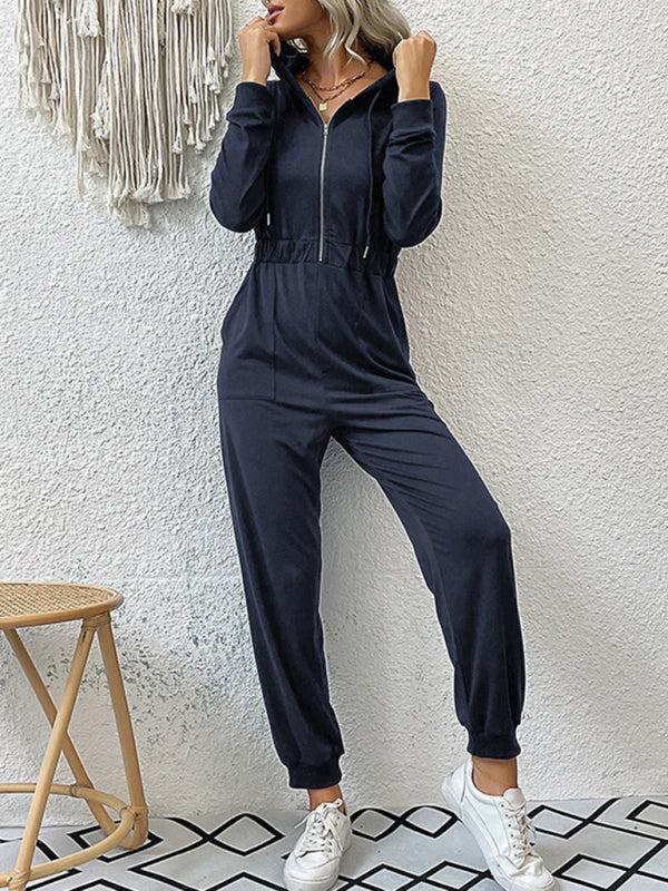 Solid Long Sleeve Hooded Jumpsuit
