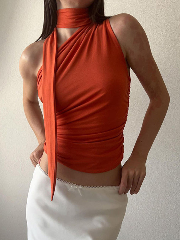 Women’s Sleeveless One Shoulder Cropped Top with Neck Tie in 2 Colors Sizes 4-12 - Wazzi's Wear
