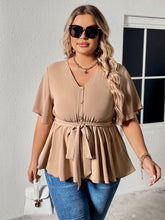 Load image into Gallery viewer, Women’s Plus Size Khaki Short Sleeve Top with Waist Tie XL-4XL