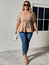 Load image into Gallery viewer, Women’s Plus Size Khaki Short Sleeve Top with Waist Tie XL-4XL