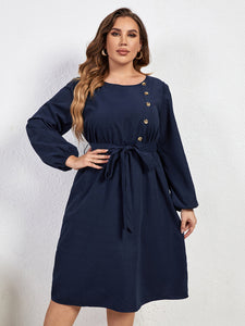 Women’s Plus Size Long Sleeve Navy Midi Dress with Waist Tie XL-4XL