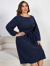 Load image into Gallery viewer, Women’s Plus Size Long Sleeve Navy Midi Dress with Waist Tie XL-4XL
