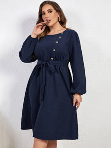 Women’s Plus Size Long Sleeve Navy Midi Dress with Waist Tie XL-4XL