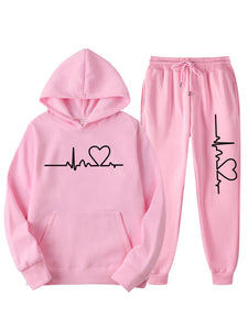 Women’s ECG Print Fleece Hooded Sweatshirt and Sweatpants Set in 5 Colors S-XXL