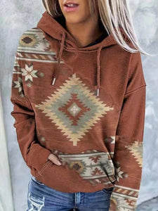 Women’s Ethnic Print Long Sleeve Hooded Sweater with Kangaroo Pocket in 4 Colors Sizes 4-14