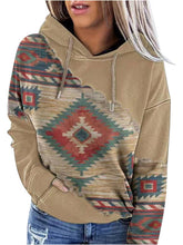 Load image into Gallery viewer, Women’s Ethnic Print Long Sleeve Hooded Sweater with Kangaroo Pocket in 4 Colors Sizes 4-14
