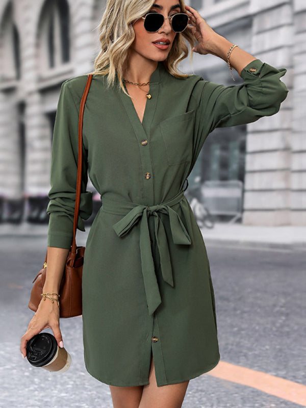 Women’s Olive Green Long Sleeve Midi Dress with Buttons and Waist Tie S-XL - Wazzi's Wear