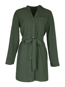 Women’s Olive Green Long Sleeve Midi Dress with Buttons and Waist Tie S-XL