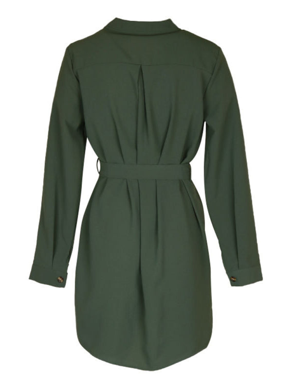 Women’s Olive Green Long Sleeve Midi Dress with Buttons and Waist Tie S-XL - Wazzi's Wear