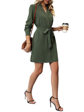 Load image into Gallery viewer, Women’s Olive Green Long Sleeve Midi Dress with Buttons and Waist Tie S-XL