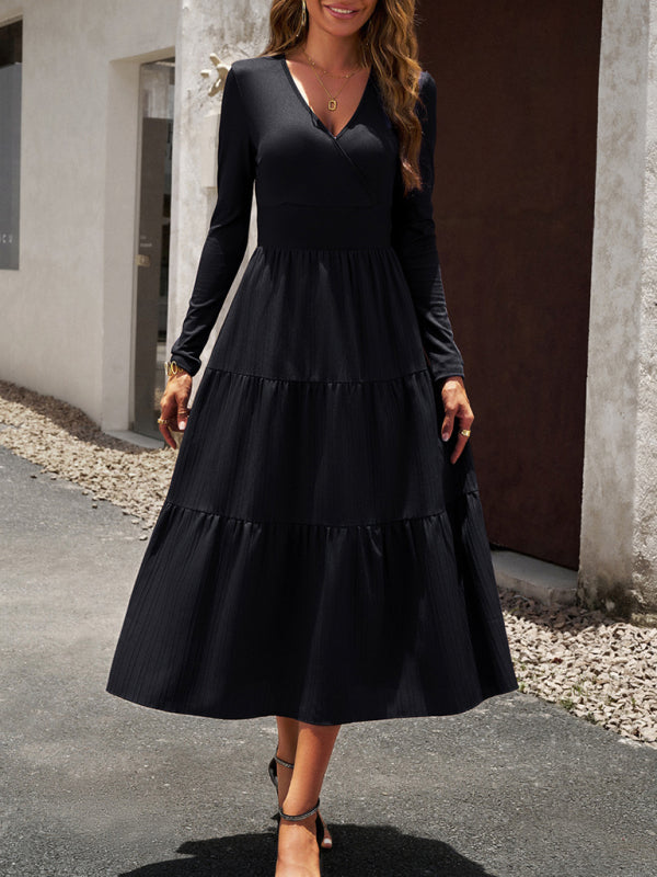 Women's V-Neck Long Sleeve Midi Dress in 4 Colors S-XL - Wazzi's Wear