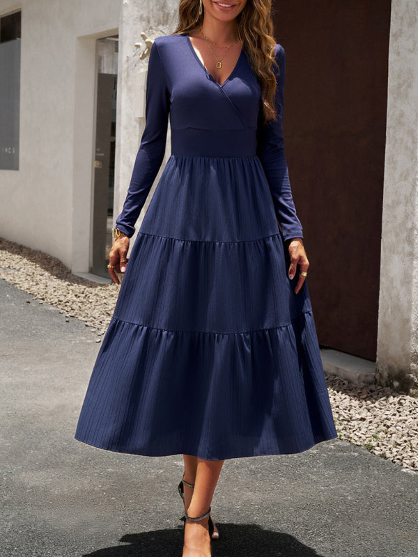 Women's V-Neck Long Sleeve Midi Dress in 4 Colors S-XL - Wazzi's Wear