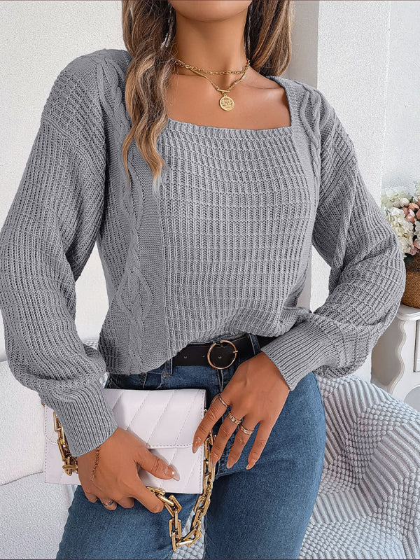 Women's Solid Square Neck Knitted Pullover Sweater in 3 Colors S-L - Wazzi's Wear