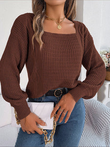 Women's Solid Square Neck Knitted Pullover Sweater in 3 Colors S-L