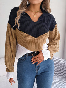 Women’s Long Sleeve Knitted Pullover Colorblock Sweater in 3 Colors S-L
