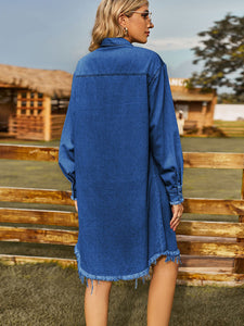Women’s Washed Denim Long Sleeve Raw Edge Dress in 2 Colors S-XL