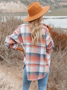 Women's Mid-Length Plaid Shirt Jacket with Front Pockets S-L