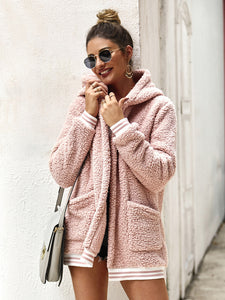 Women’s Pink Hooded Plush Cardigan Jacket S-XL - Wazzi's Wear