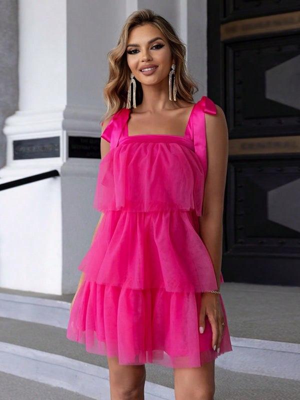 Women’s Layered Cocktail Dress with Tied Shoulder Straps