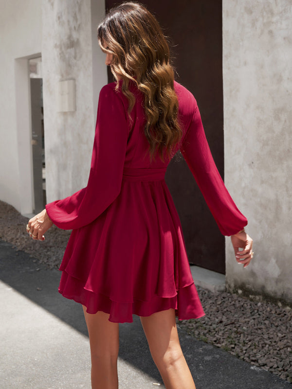 Women’s V-Neck Long Sleeve Ruffled Dress in 4 Colors S-XL - Wazzi's Wear