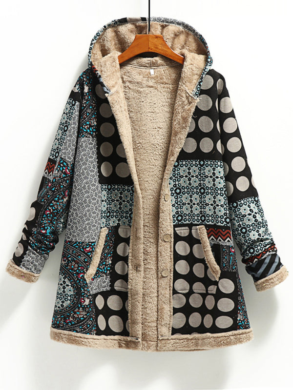 Women’s Printed Hooded Plush Coat with Pockets in 9 Patterns Sizes 4-18 - Wazzi's Wear