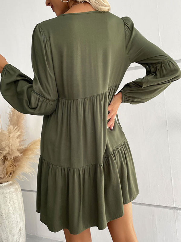 Women's Long Sleeve V-Neck Empire Waist Dress in 6 Colors S-XL - Wazzi's Wear