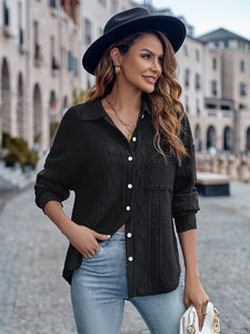Women’s Buttoned Long Sleeve Top with Lapel in 3 Colors S-XL - Wazzi's Wear