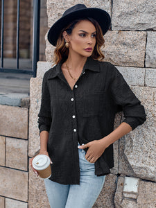 Women’s Buttoned Long Sleeve Top with Lapel in 3 Colors S-XL - Wazzi's Wear