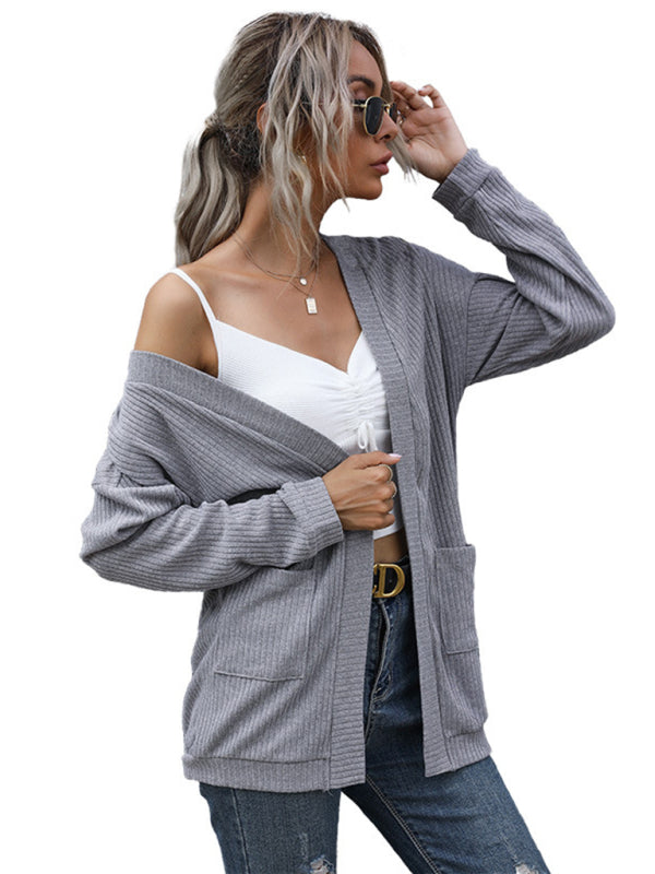Women’s Ribbed Long Sleeve Cardigan with Pockets in 2 Colors S-XL - Wazzi's Wear