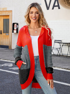 Women’s Knitted Colorblock Hooded Cardigan with Pockets in 3 Colors S-XL