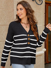 Load image into Gallery viewer, Women&#39;s Striped V-Neck Knit Sweater with Buttons in 2 Sizes S-XL