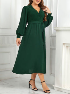 Women’s Emerald Green V-Neck Long Sleeve Dress with Waist Tie Sizes 10-16