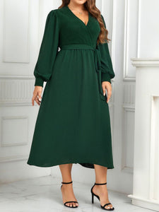 Women’s Emerald Green V-Neck Long Sleeve Dress with Waist Tie Sizes 10-16