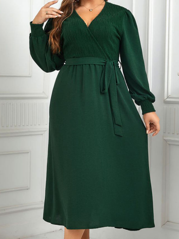 Women’s Emerald Green V-Neck Long Sleeve Dress with Waist Tie Sizes 10-16 - Wazzi's Wear