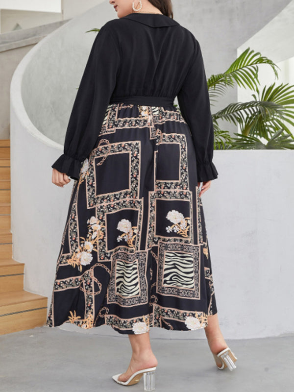 Women’s V-Neck Long Sleeve Printed Midi Dress with Waist Tie Sizes 8-16 - Wazzi's Wear