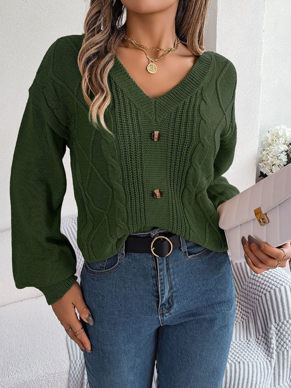 Women’s Long Sleeve V-Neck Sweater with Buttons in 5 Colors S-L - Wazzi's Wear