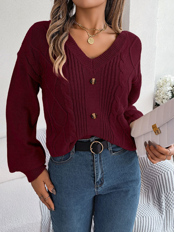 Women’s Long Sleeve V-Neck Sweater with Buttons in 5 Colors S-L - Wazzi's Wear