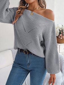 Women’s Boat Neck Off-the-Shoulder Long Sleeve Sweater in 5 Colors S-L - Wazzi's Wear