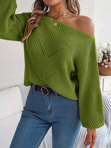 Women’s Boat Neck Off-the-Shoulder Long Sleeve Sweater in 5 Colors S-L - Wazzi's Wear