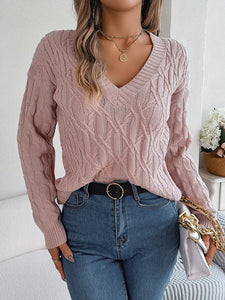 Women’s Long Sleeve V-Neck Twist Knit Sweater in 3 Colors S-L - Wazzi's Wear